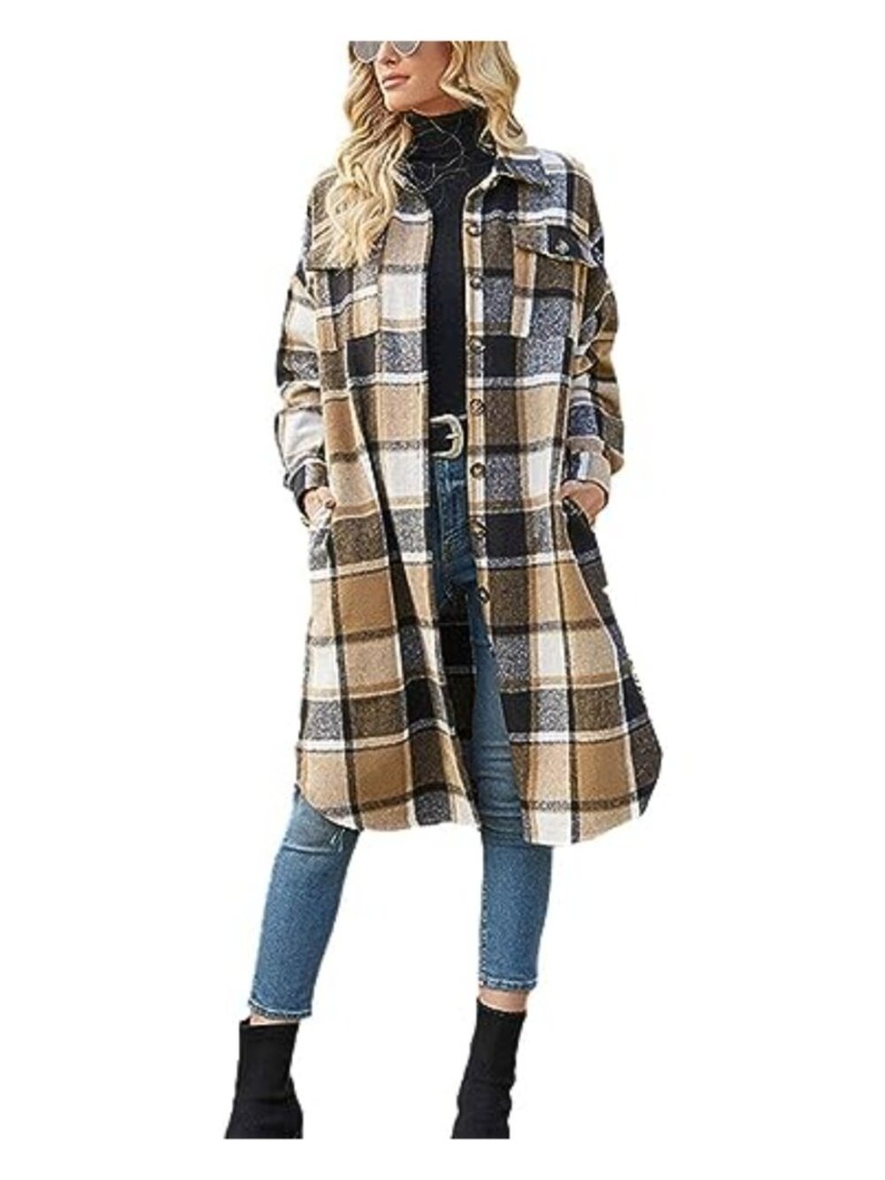 Long Plaid Shacket Coat Button Up Flap Pockets Layering Fall Winter